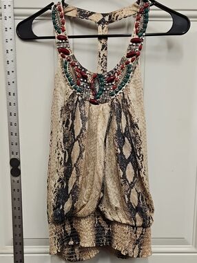 bebe Tan Snake-Print Beaded Halter Camisole